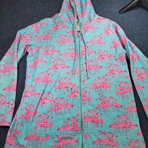 Sun Bay Missy Turquoise Pink Flamingo Print Full Zip AOP Hoodie Sweatshirt L